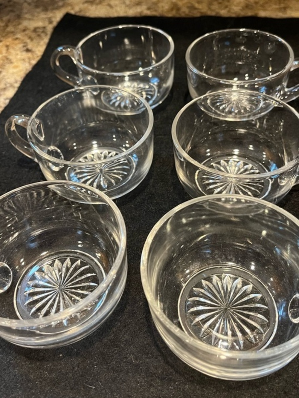 Vintage 1960s Mid Century Clear Glass Punch Tea Coffee Cups Starburst Set of 6